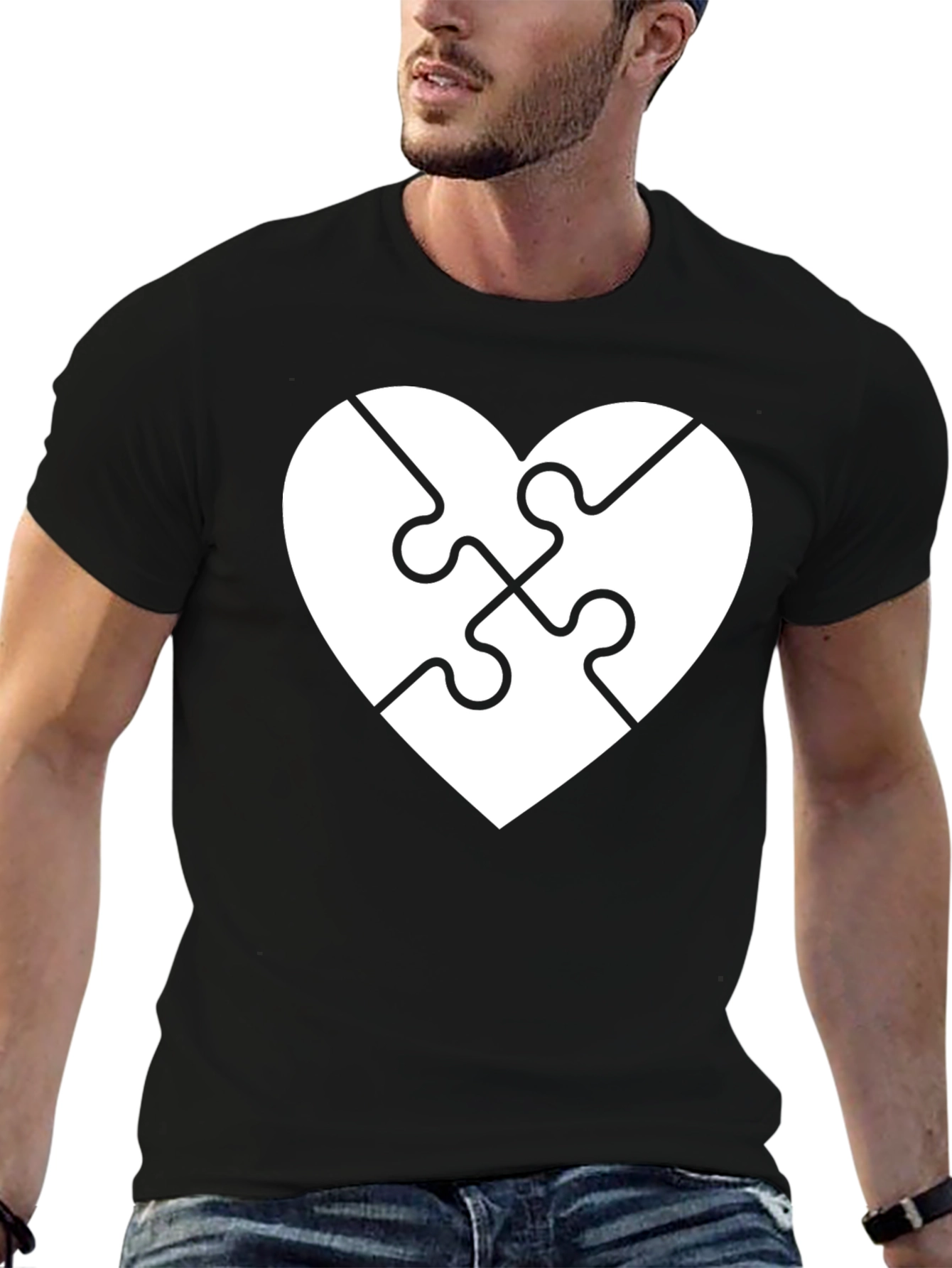 Heart Puzzle Piece Graphic Tee - Black Cotton