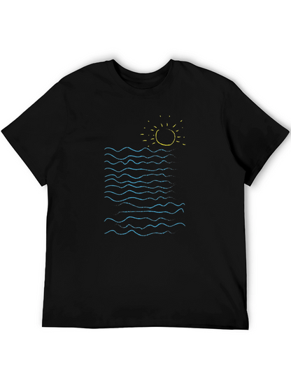 Ocean Waves Graphic Tee - Black Cotton Summer Shirt