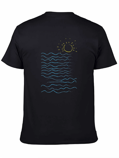 Ocean Waves Graphic Tee - Black Cotton Summer Shirt
