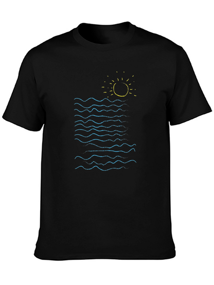 Ocean Waves Graphic Tee - Black Cotton Summer Shirt