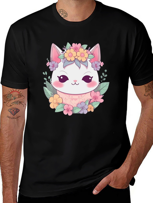 Kawaii Cat Floral Crown Black T-Shirt