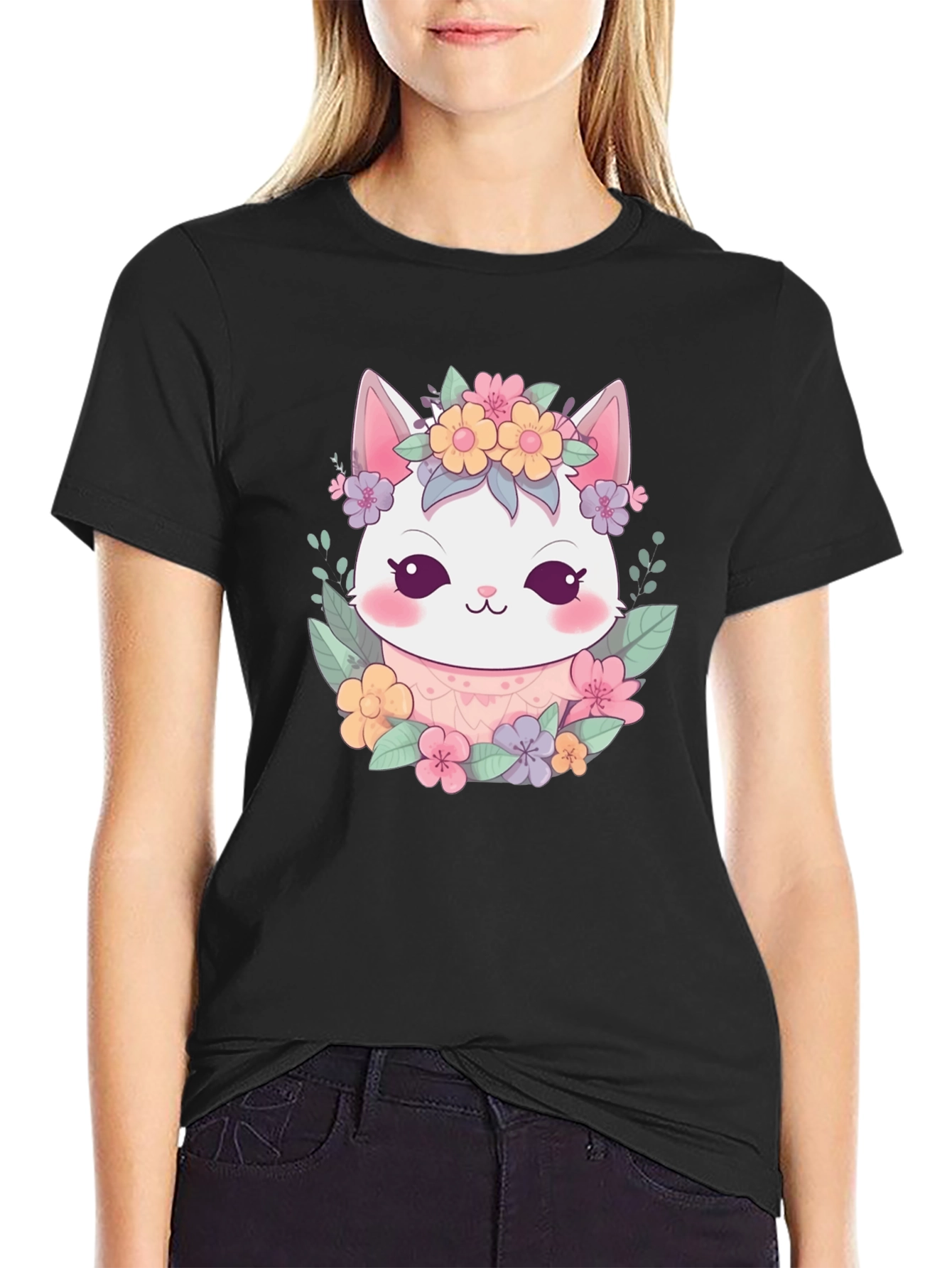 Kawaii Cat Floral Crown Black T-Shirt