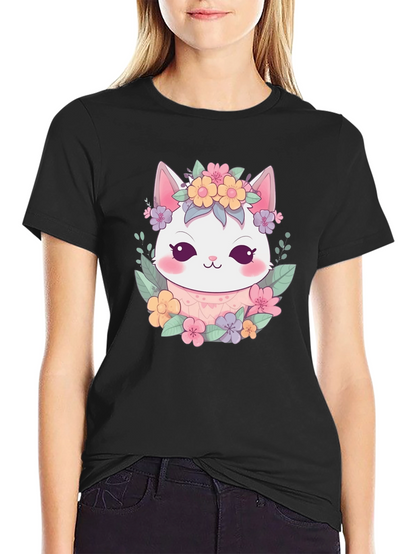 Kawaii Cat Floral Crown Black T-Shirt