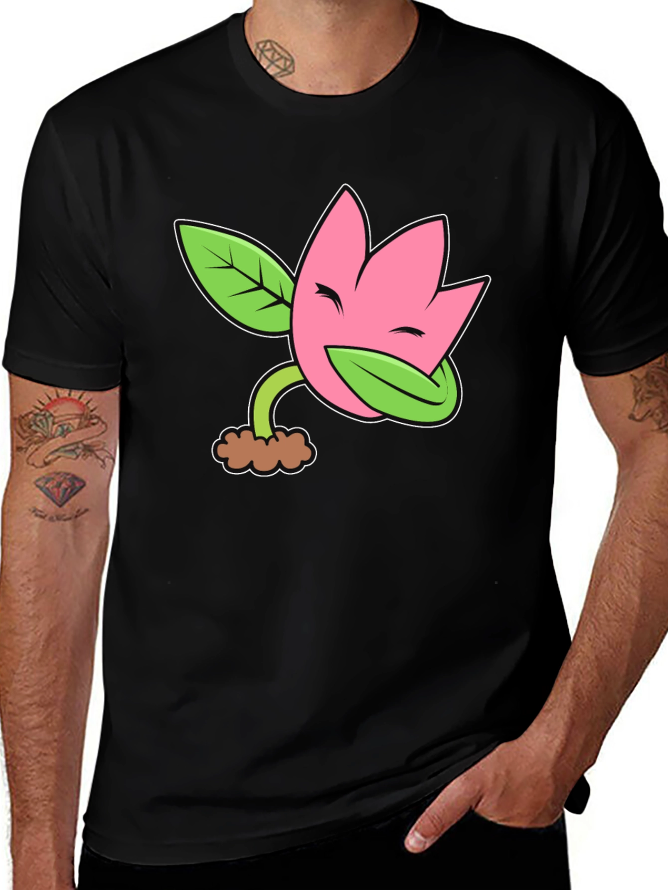 Funny Flower Plant Cartoon Black T-Shirt