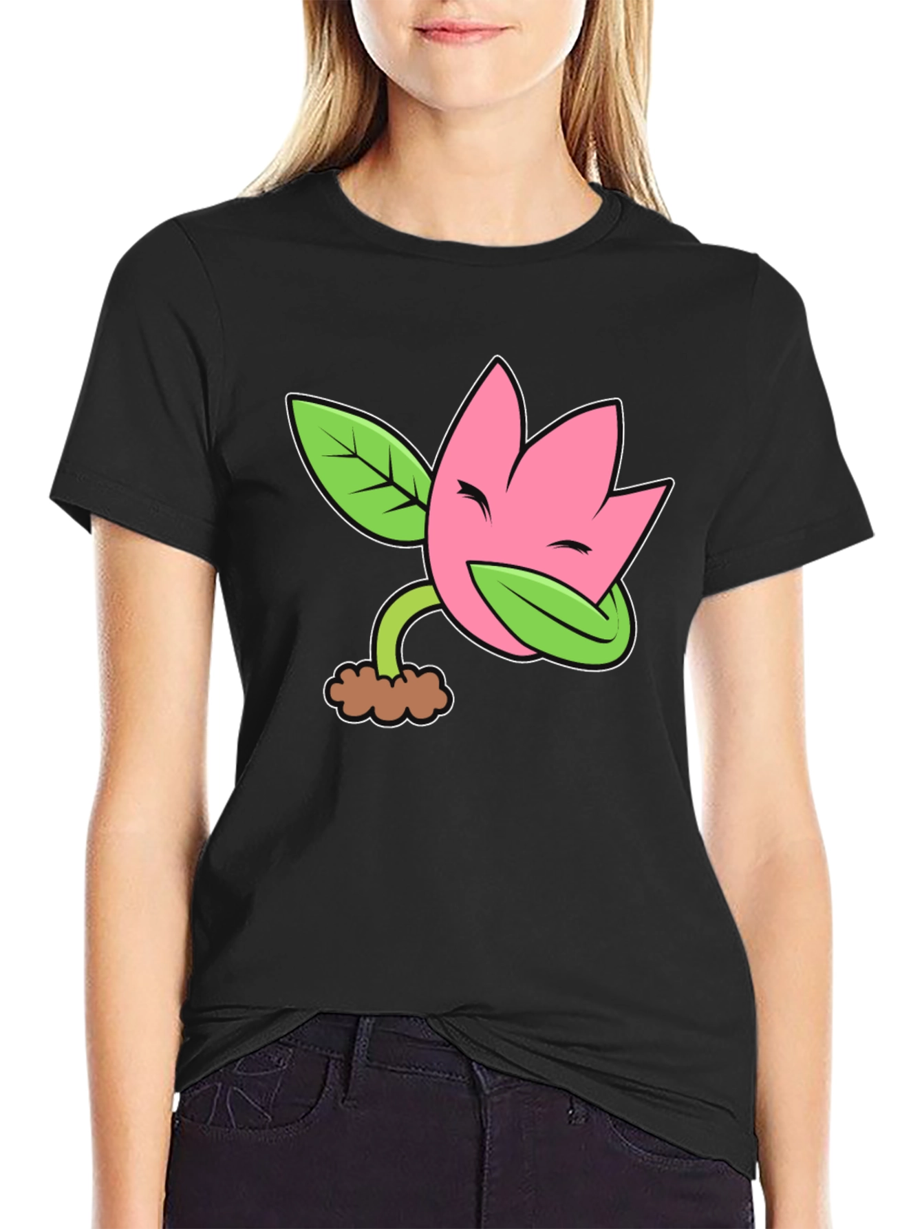 Funny Flower Plant Cartoon Black T-Shirt