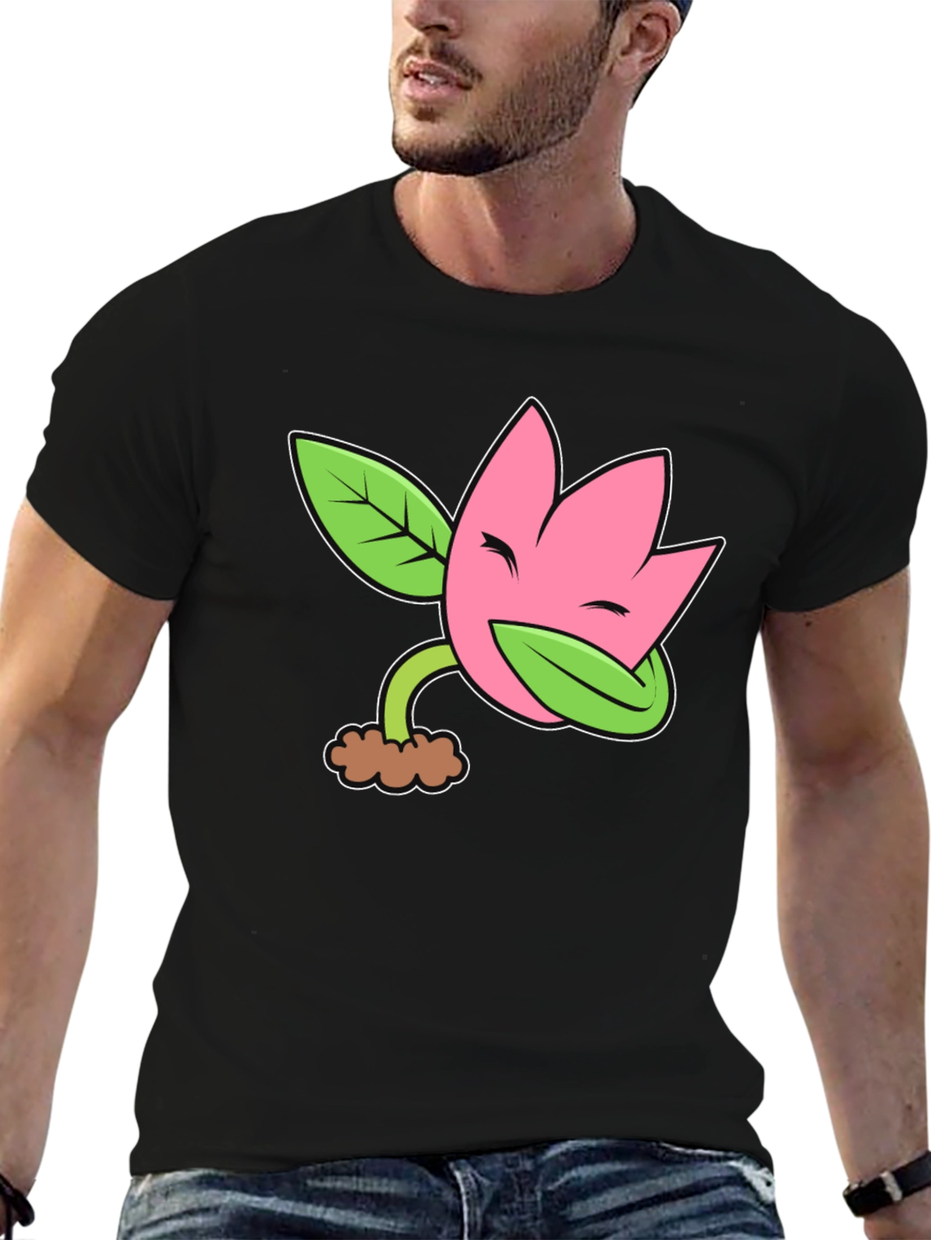 Funny Flower Plant Cartoon Black T-Shirt
