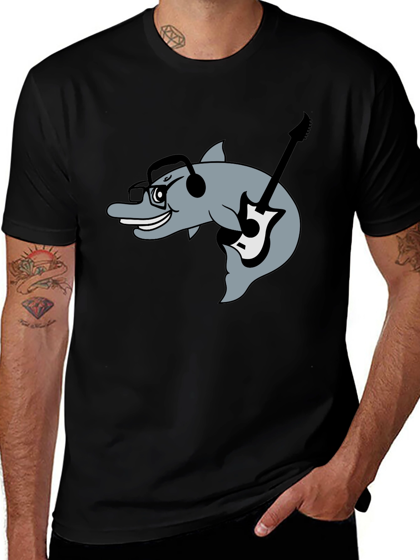 Dolphin Guitarist Graphic Tee - Black Cotton Comfort