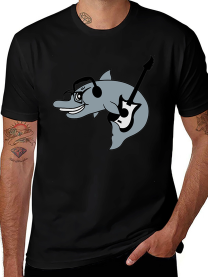 Dolphin Guitarist Graphic Tee - Black Cotton Comfort