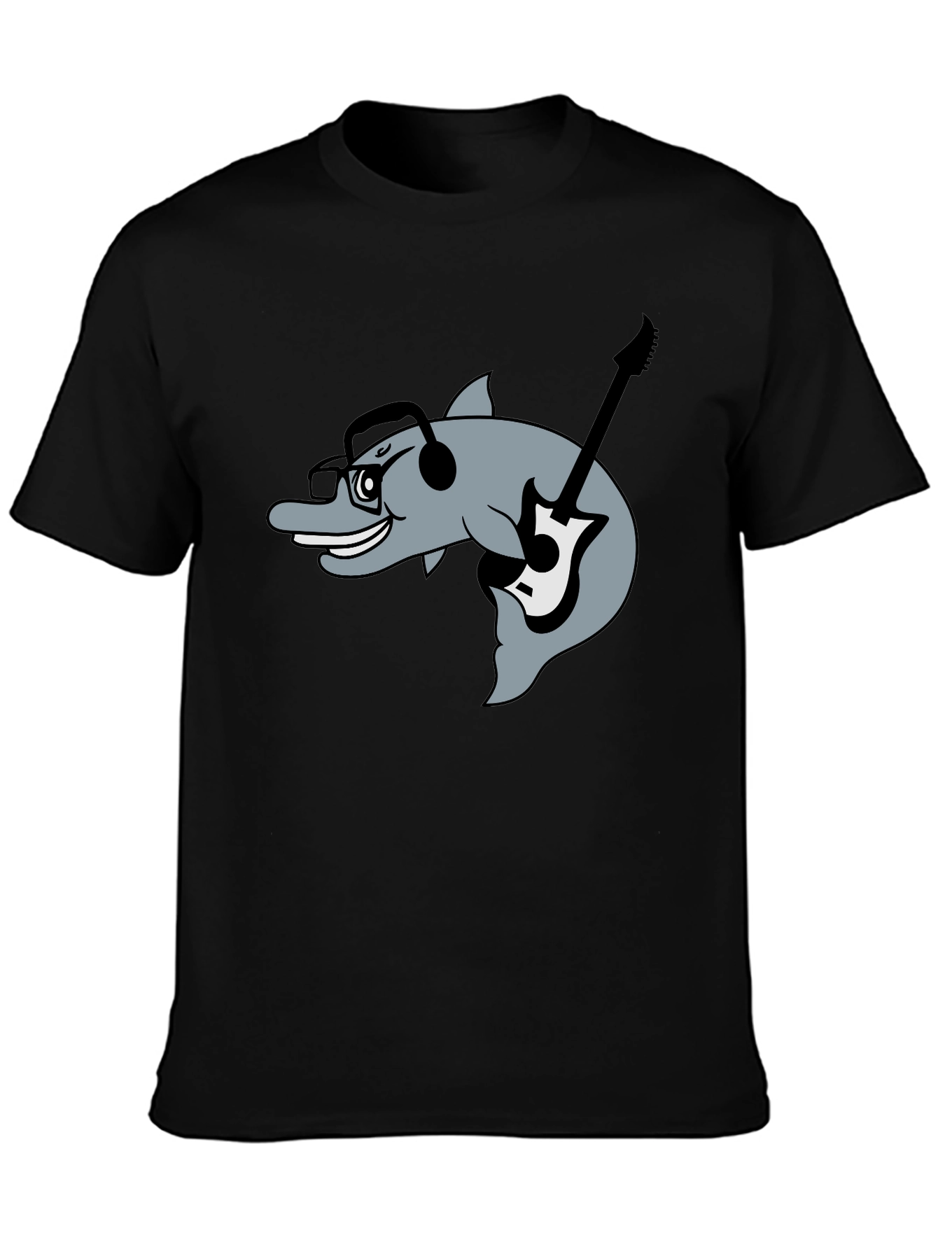 Dolphin Guitarist Graphic Tee - Black Cotton Comfort