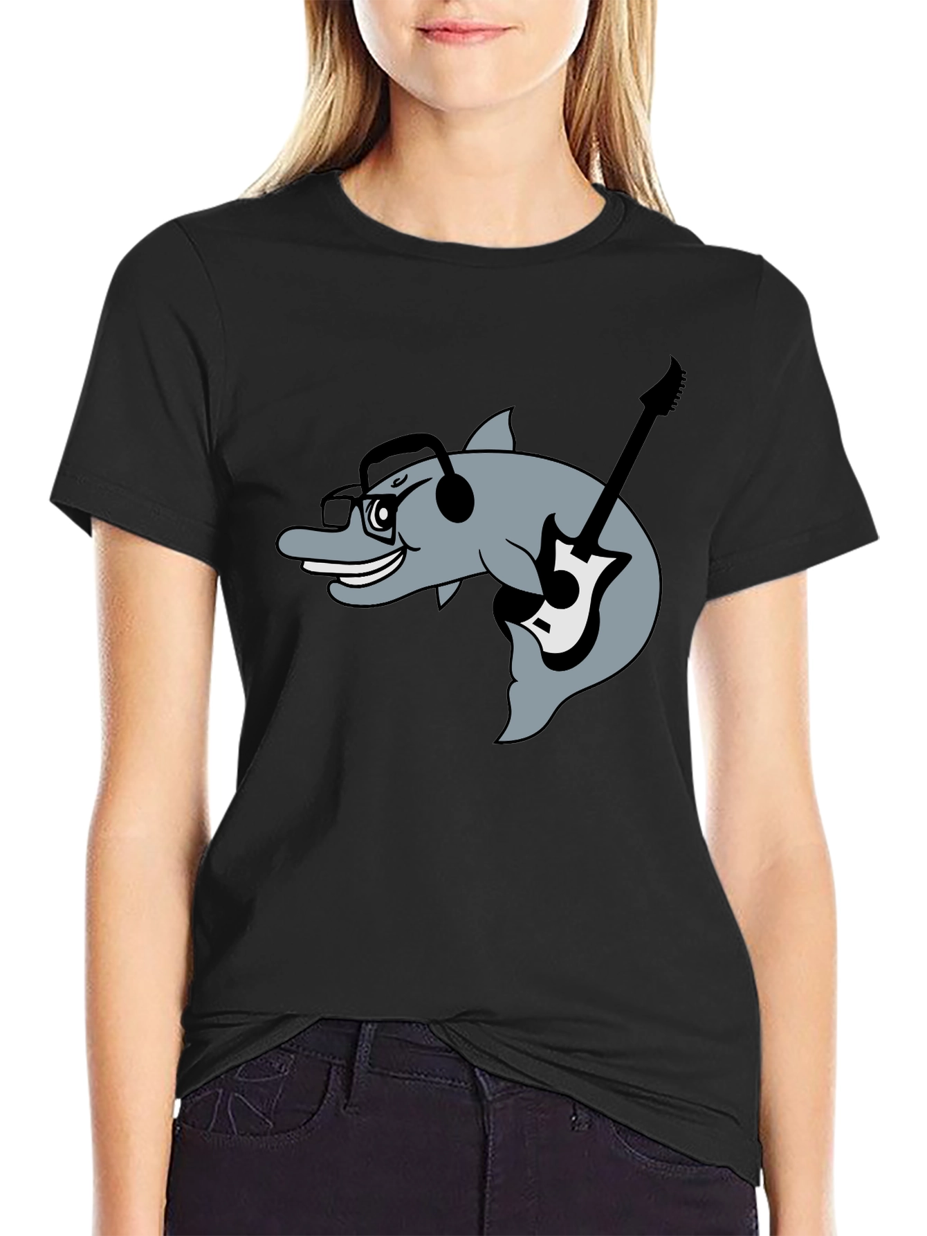 Dolphin Guitarist Graphic Tee - Black Cotton Comfort