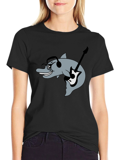 Dolphin Guitarist Graphic Tee - Black Cotton Comfort