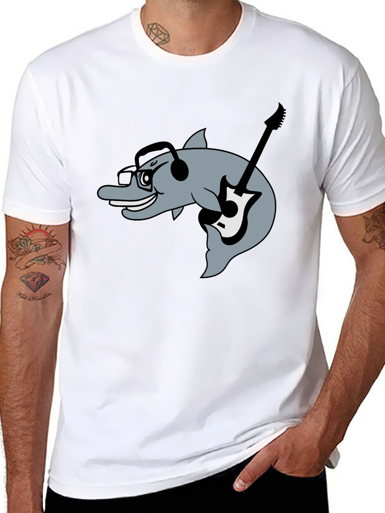 Dolphin Guitarist Graphic Tee - Black Cotton Comfort