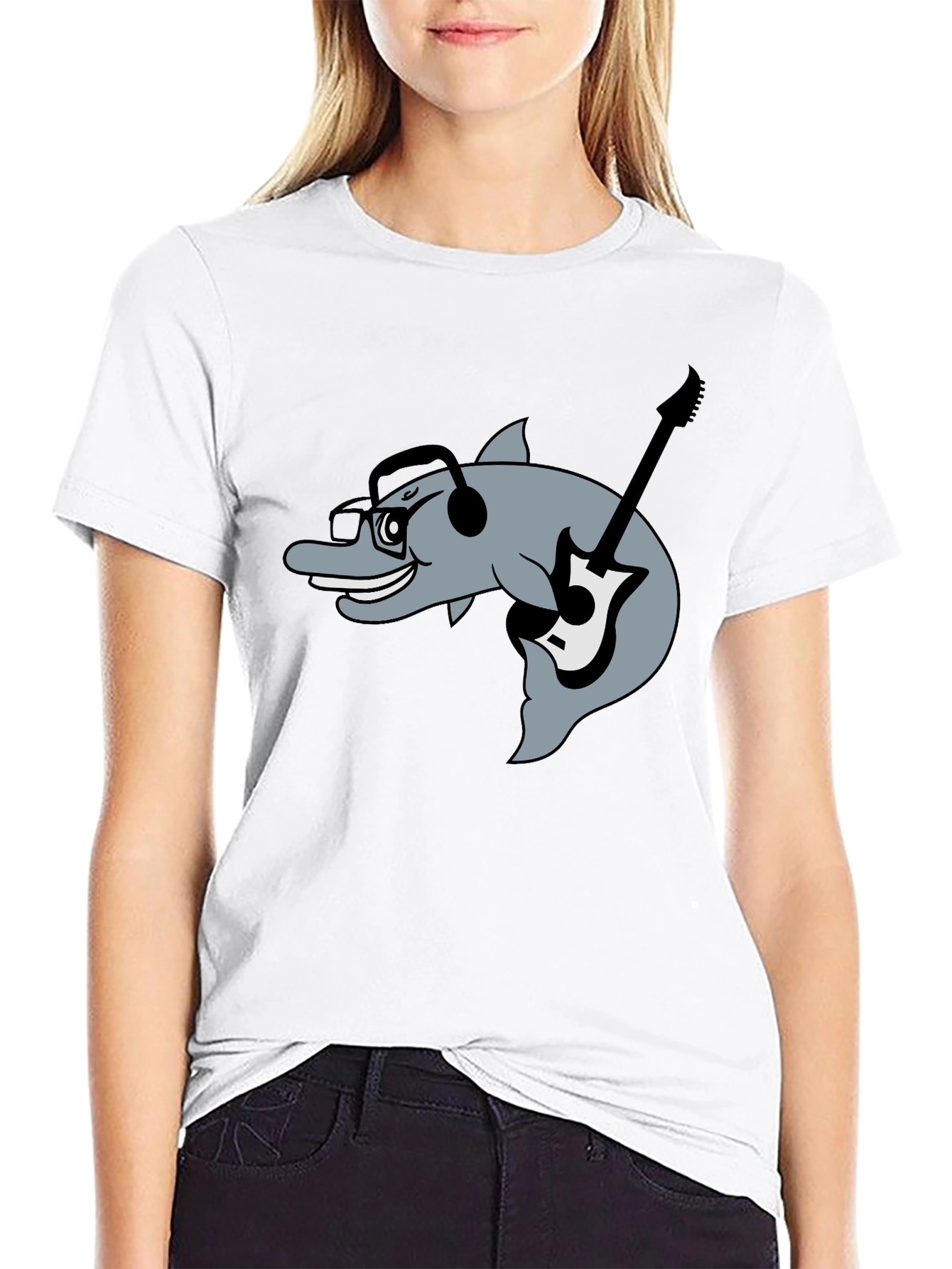 Dolphin Guitarist Graphic Tee - Black Cotton Comfort