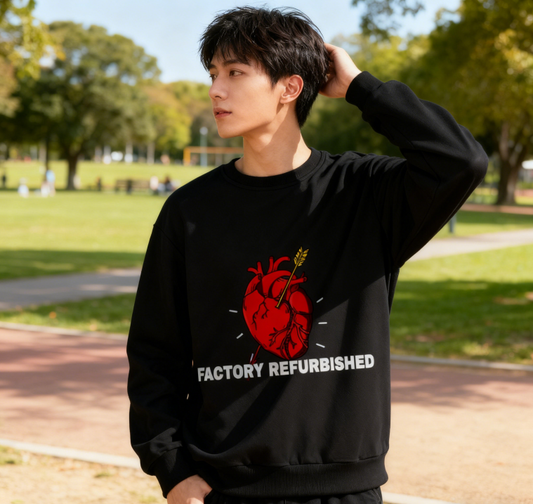 Quirky “Factory Refurbished” Heart Graphic Crewneck