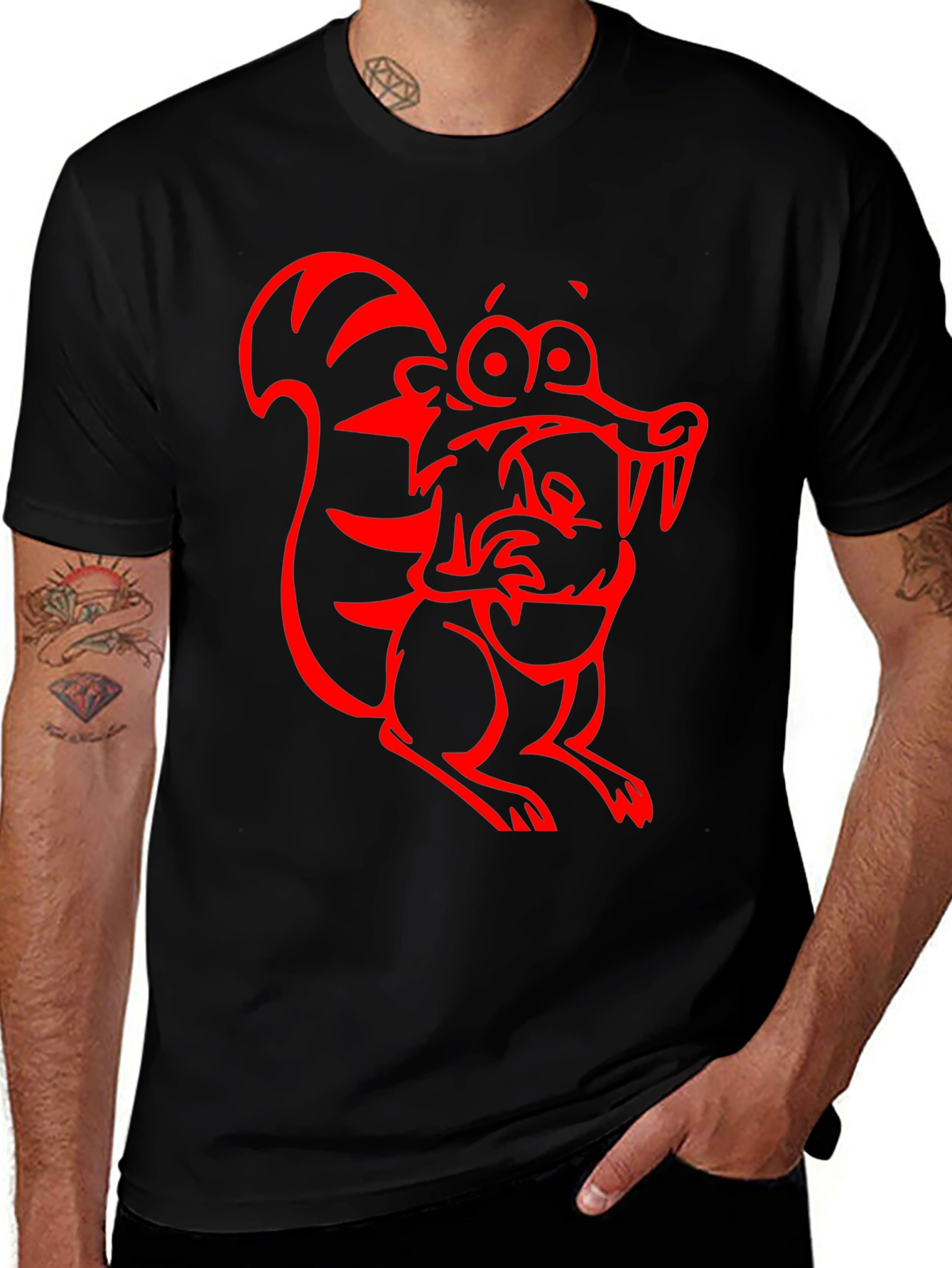 Cartoon Squirrel Graphic Tee - Black