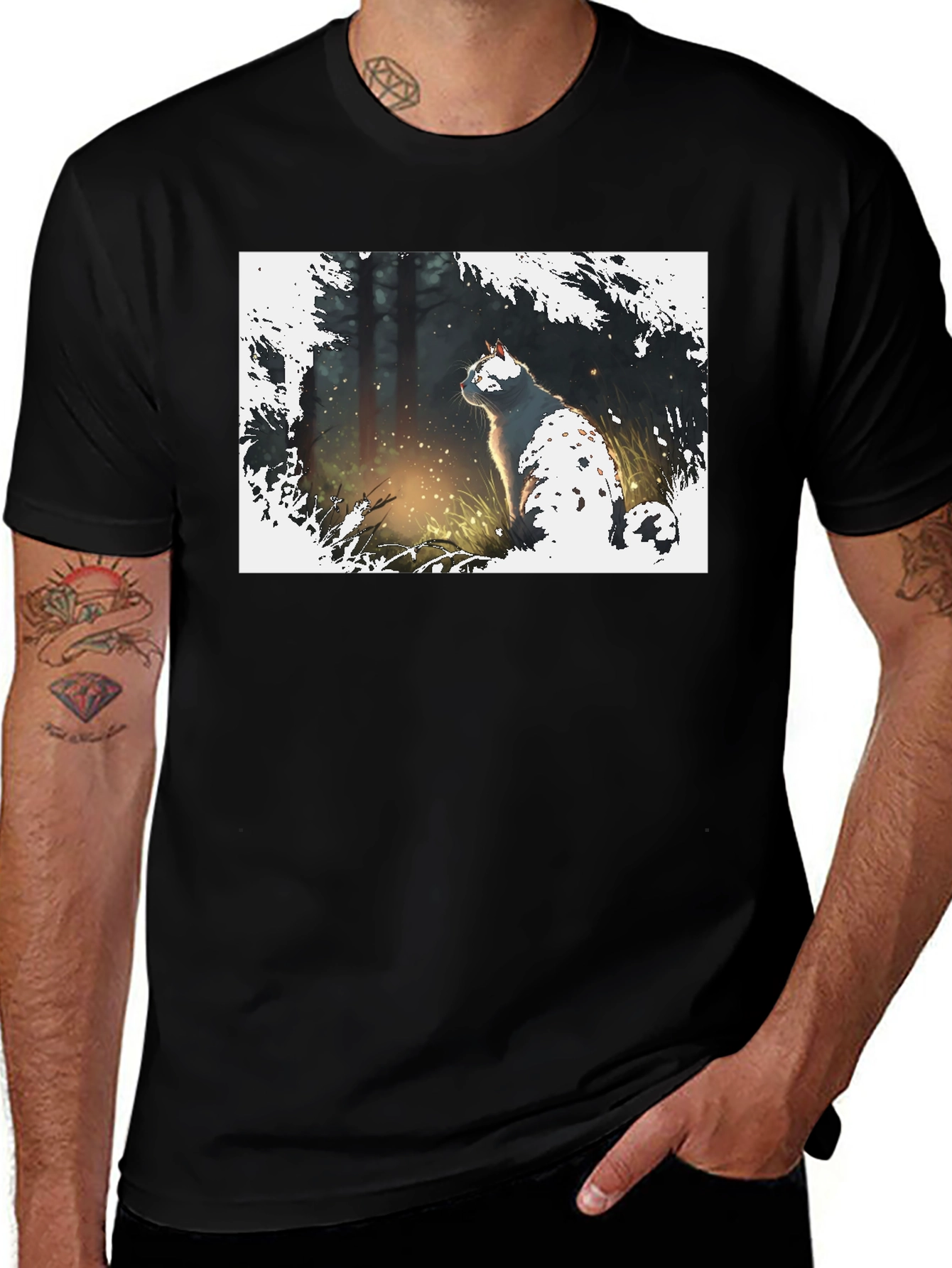 Cat in Forest Black T-Shirt