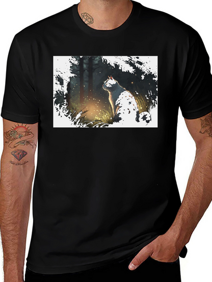Cat in Forest Black T-Shirt
