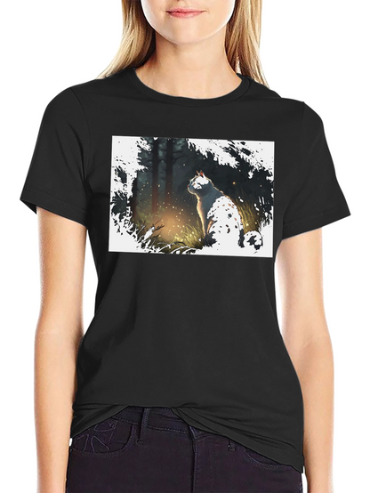 Cat in Forest Black T-Shirt