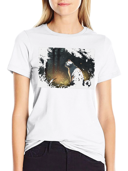 Cat in Forest Black T-Shirt