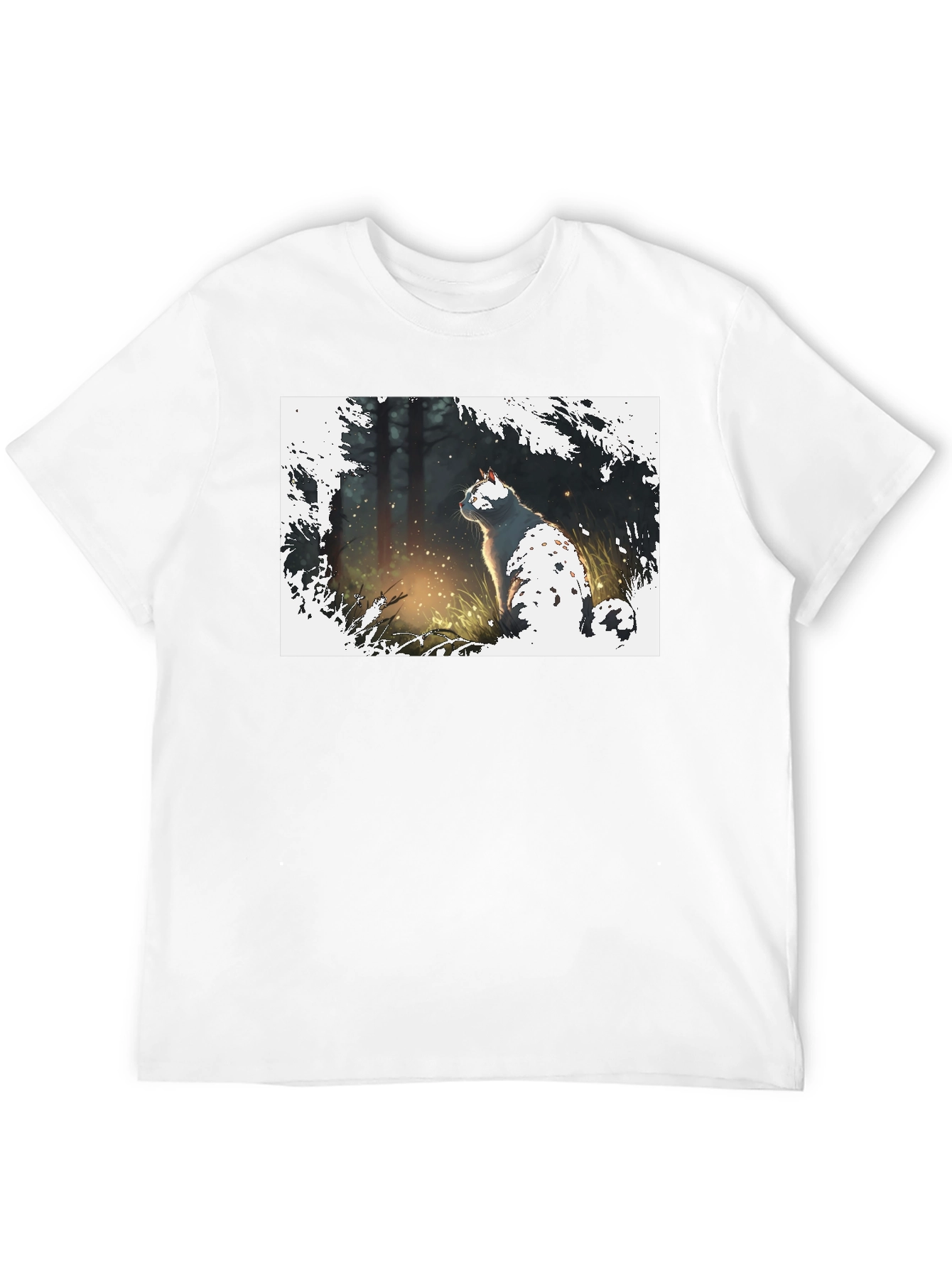 Cat in Forest Black T-Shirt