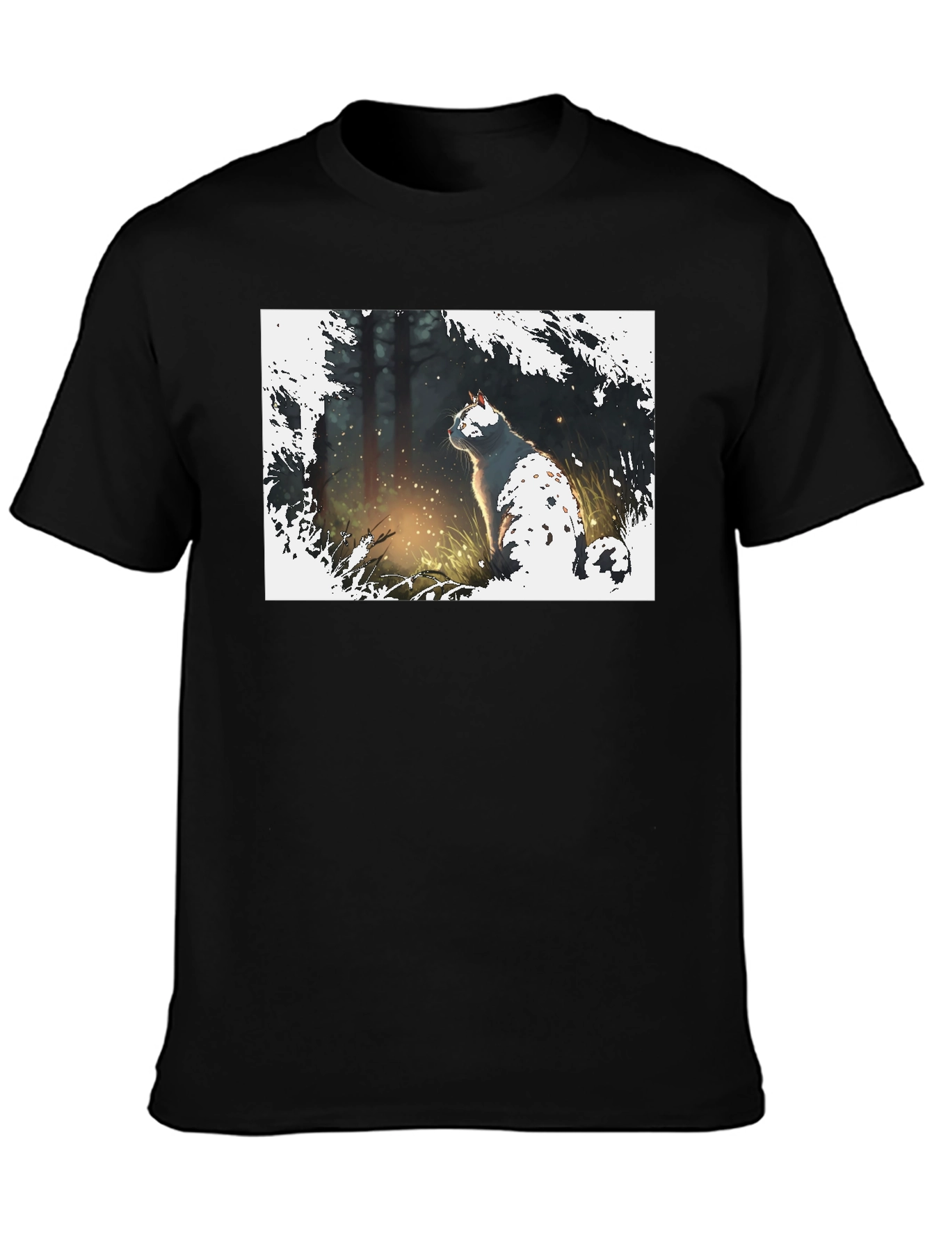 Cat in Forest Black T-Shirt