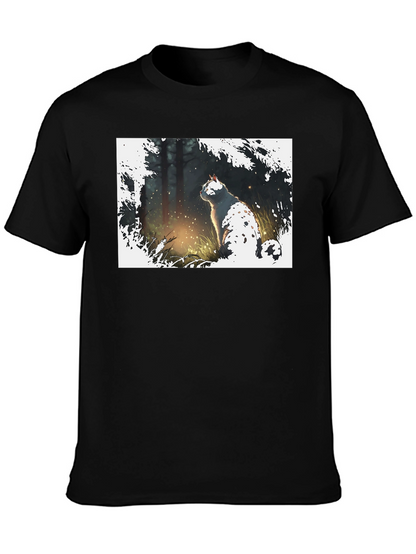 Cat in Forest Black T-Shirt