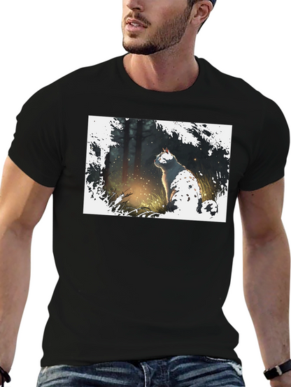 Cat in Forest Black T-Shirt