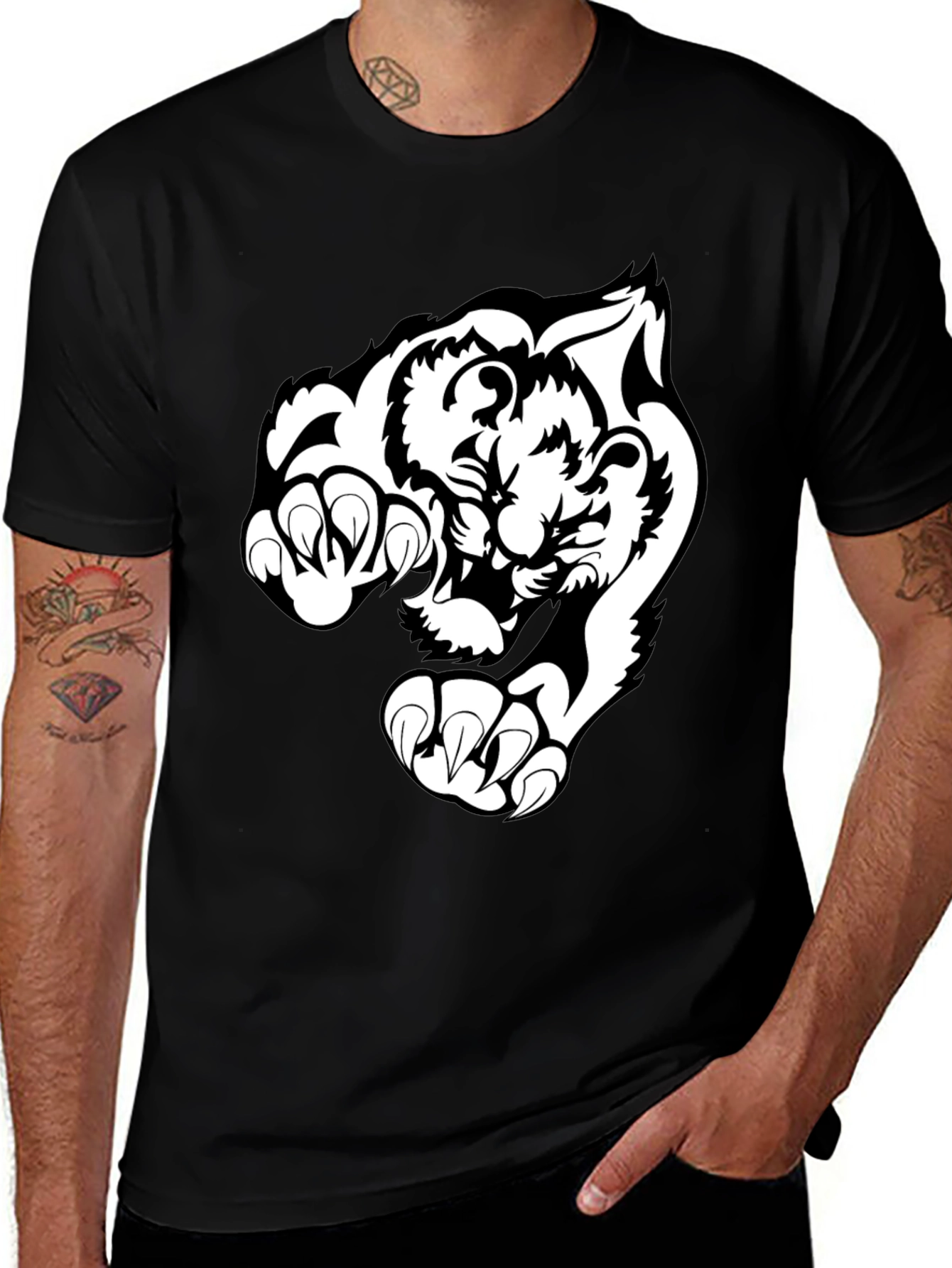 Black T-Shirt with White Tiger Graphic