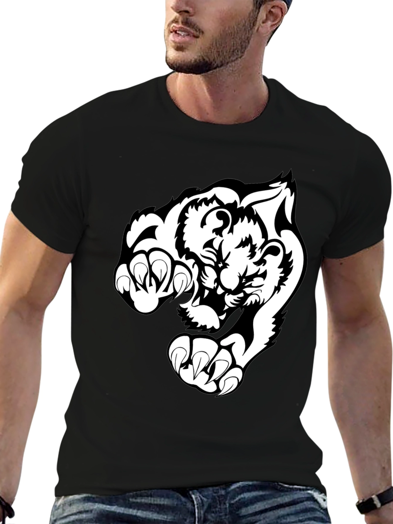 Black T-Shirt with White Tiger Graphic