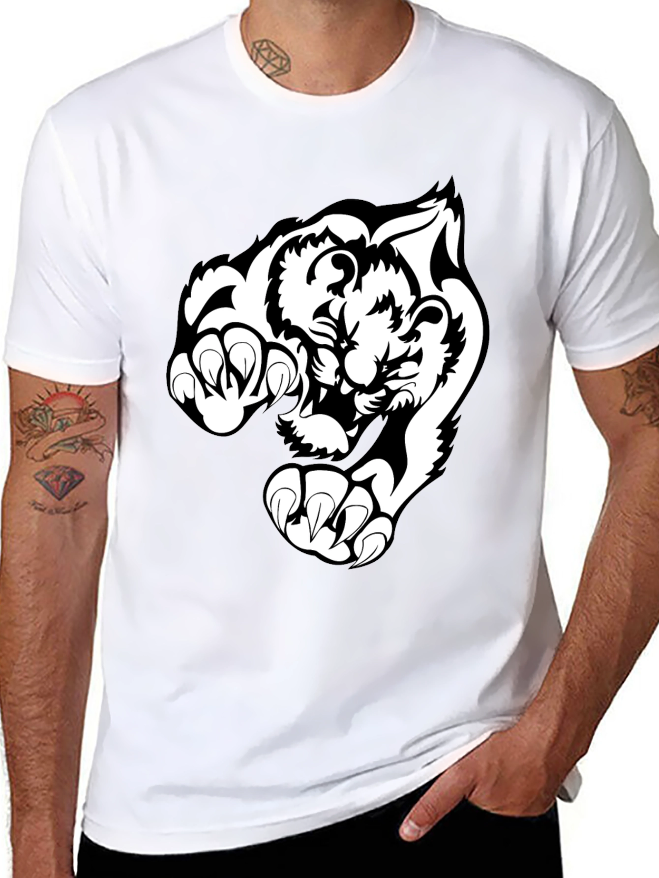 Black T-Shirt with White Tiger Graphic