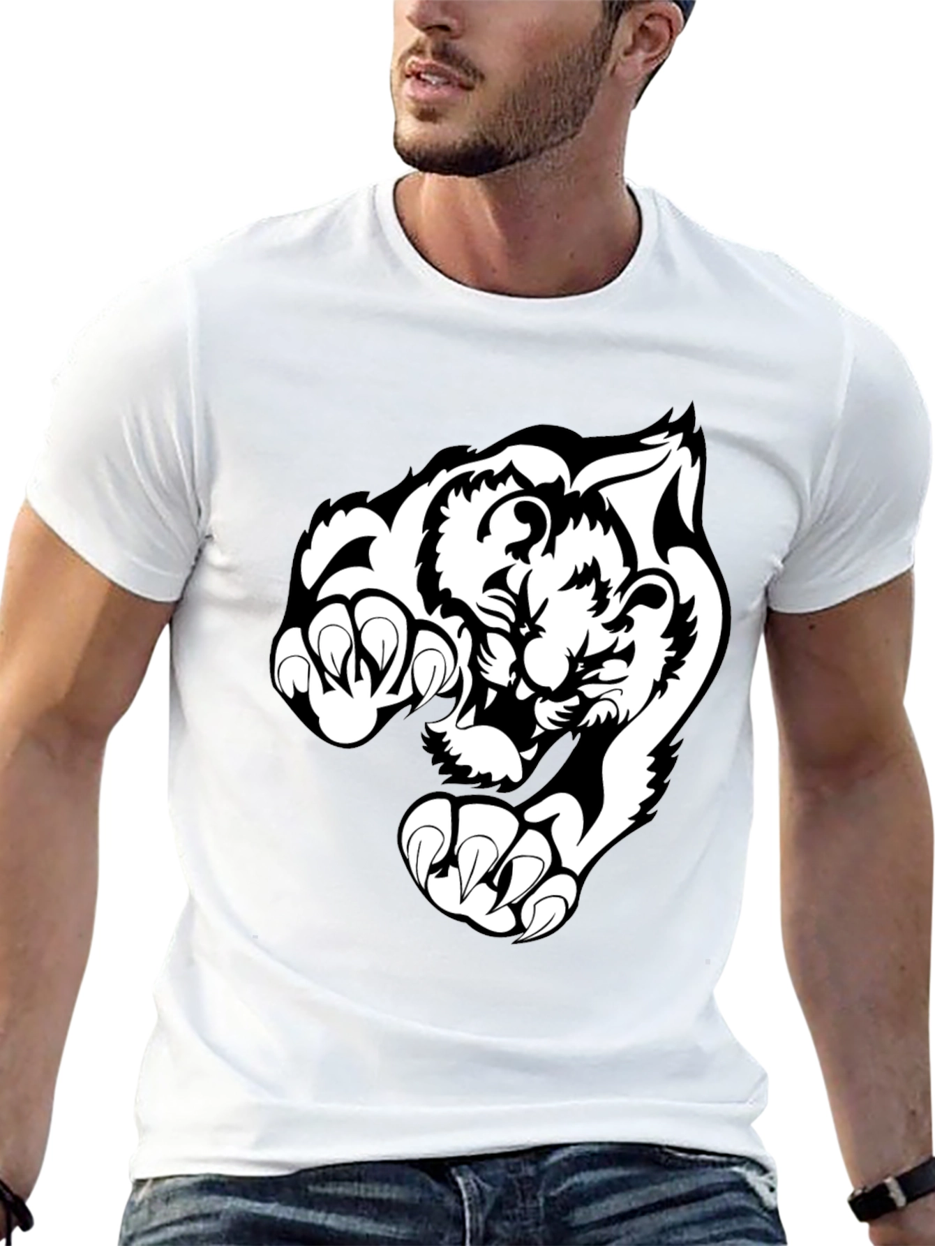 Black T-Shirt with White Tiger Graphic