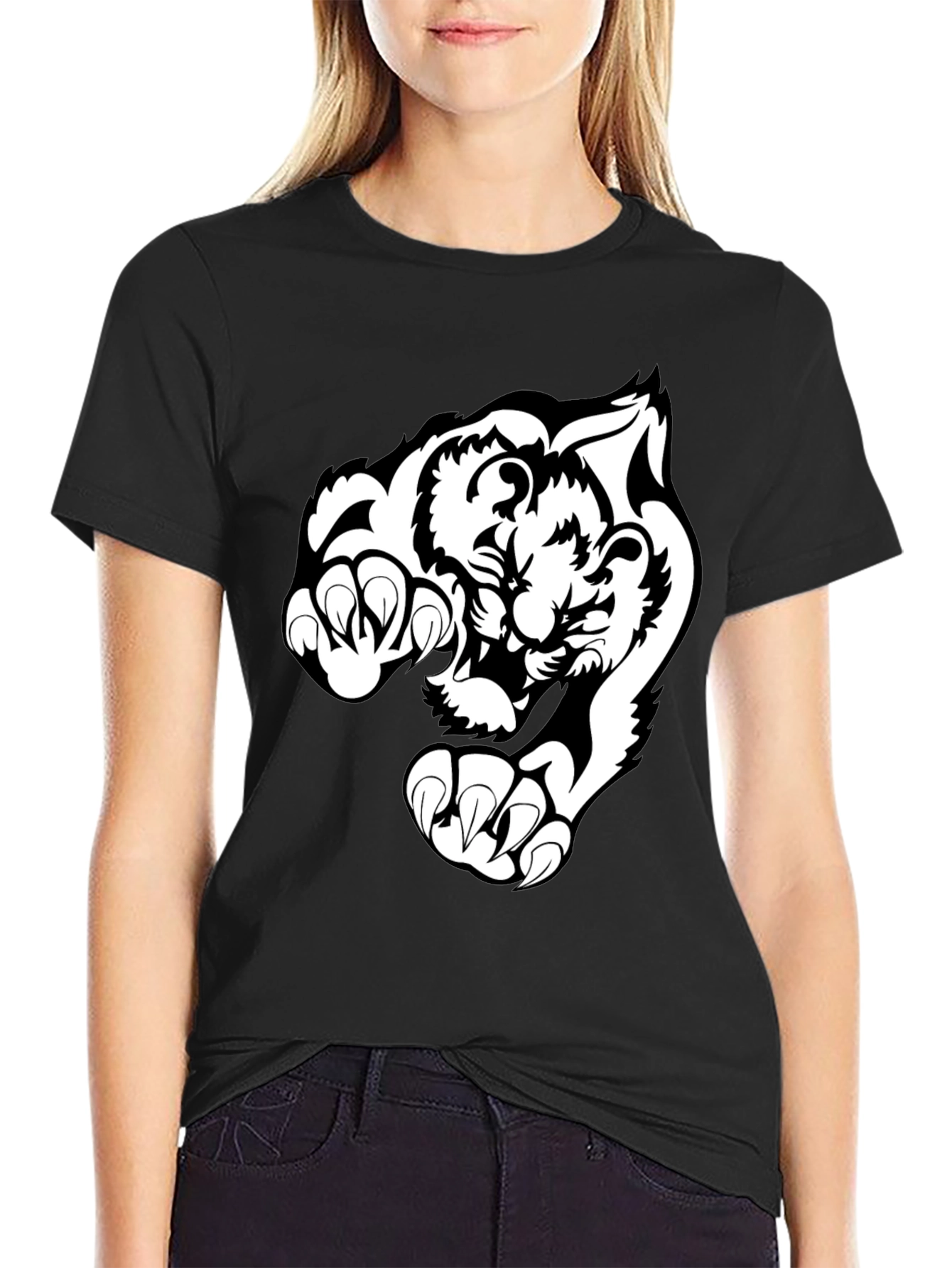 Black T-Shirt with White Tiger Graphic