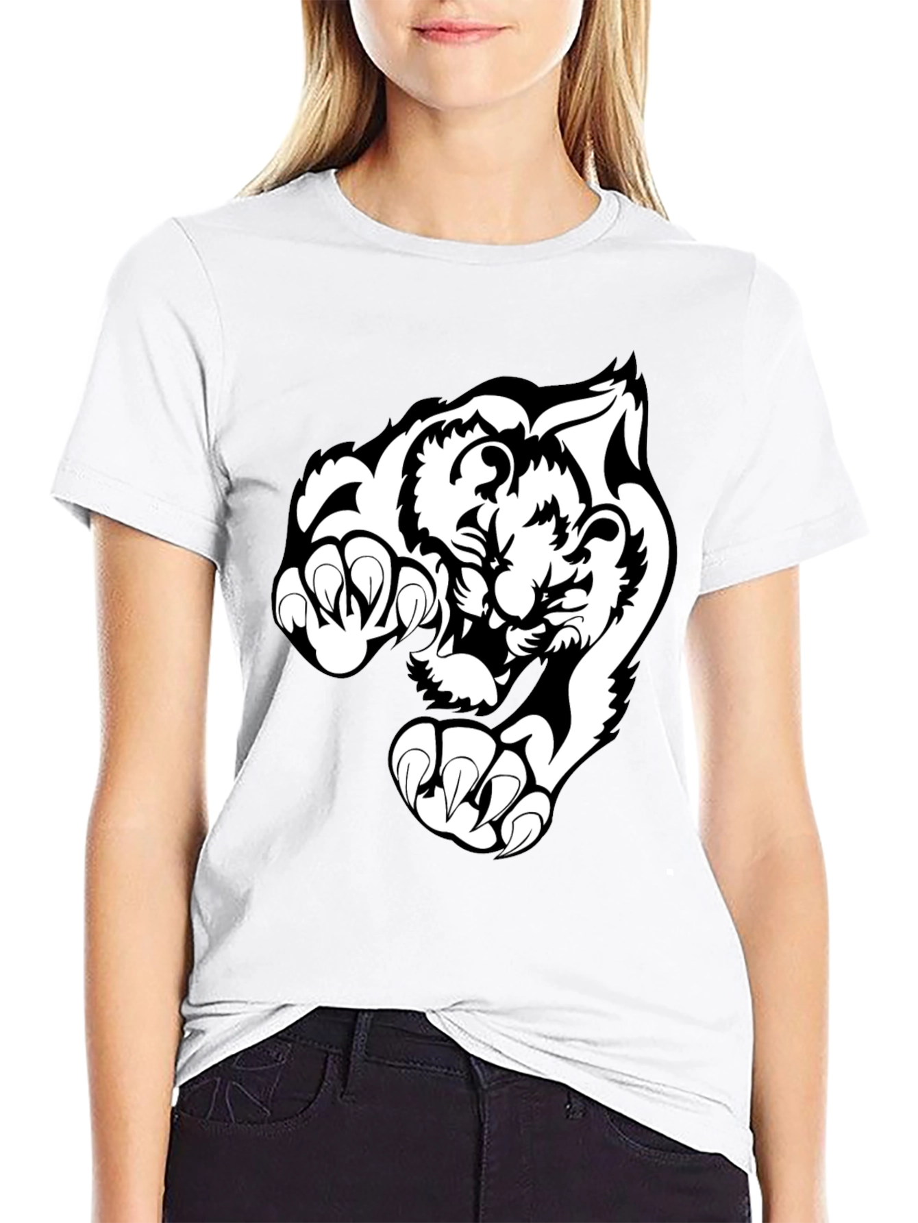 Black T-Shirt with White Tiger Graphic