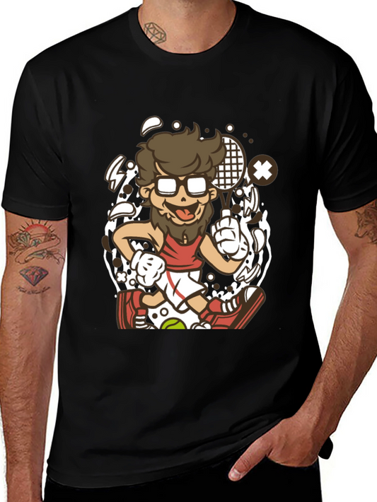 Cartoon Tennis Player Graphic Black T-Shirt