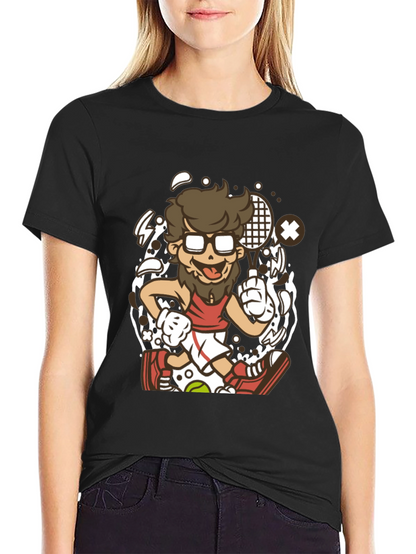 Cartoon Tennis Player Graphic Black T-Shirt