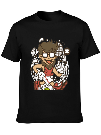 Cartoon Tennis Player Graphic Black T-Shirt