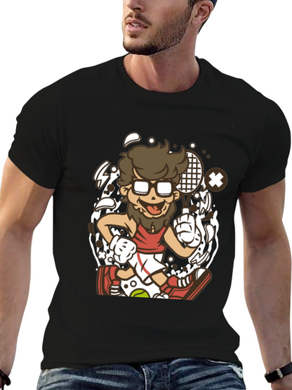 Cartoon Tennis Player Graphic Black T-Shirt