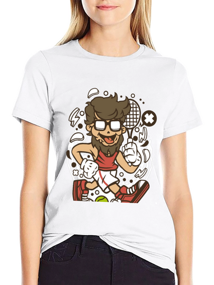 Cartoon Tennis Player Graphic Black T-Shirt