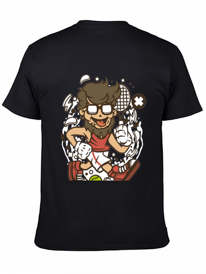 Cartoon Tennis Player Graphic Black T-Shirt