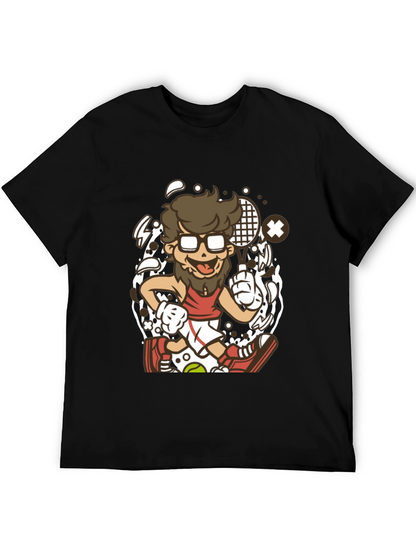 Cartoon Tennis Player Graphic Black T-Shirt