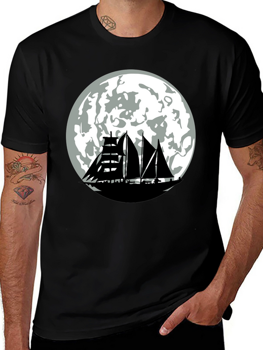 Sailboat Moon Graphic Tee - Black Cotton Shirt