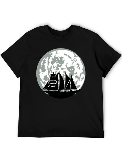 Sailboat Moon Graphic Tee - Black Cotton Shirt