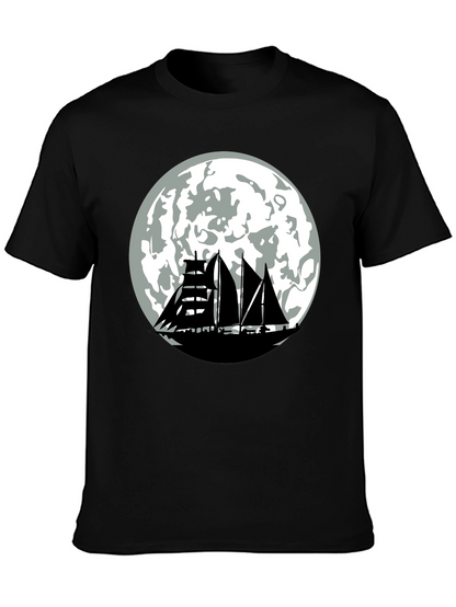 Sailboat Moon Graphic Tee - Black Cotton Shirt