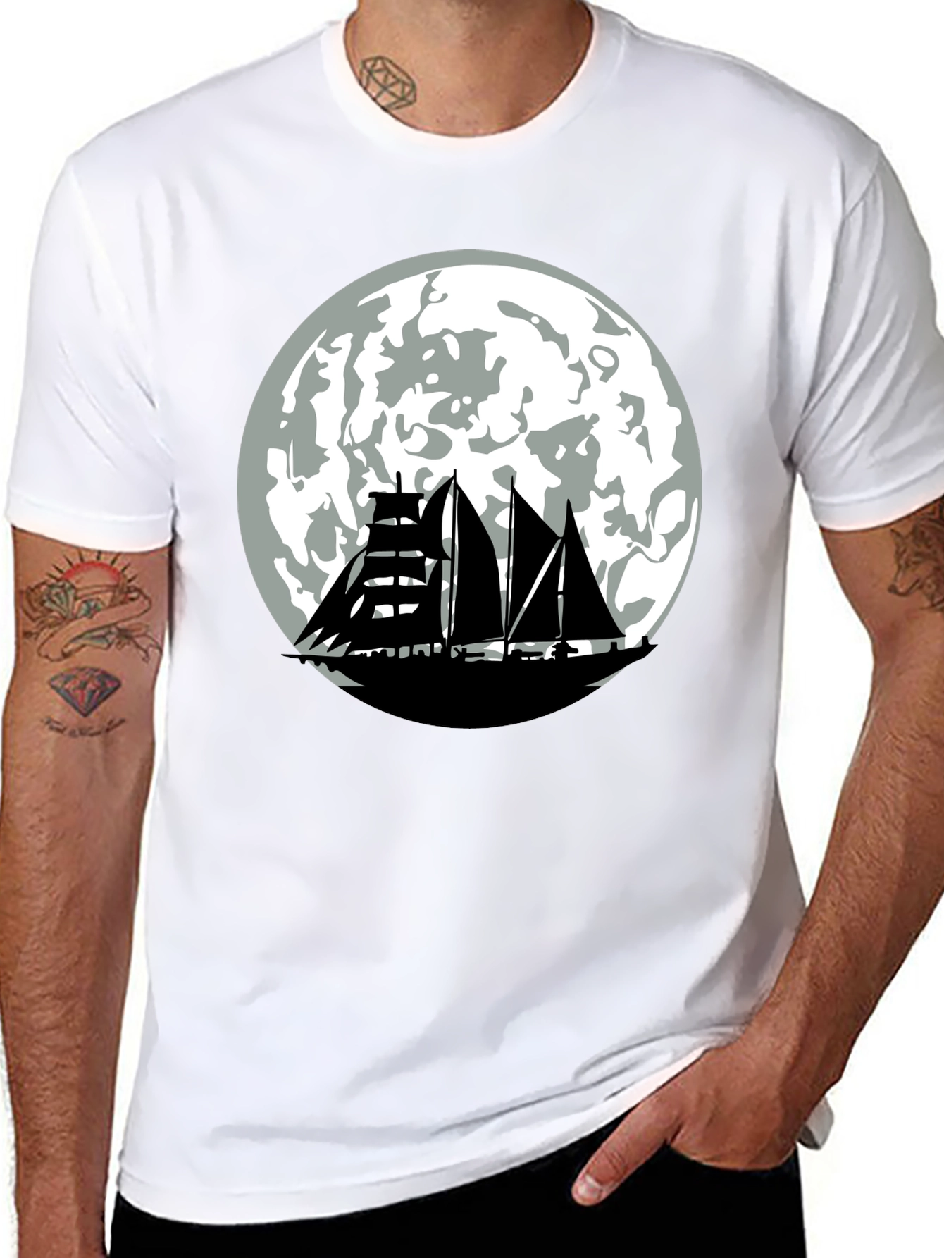 Sailboat Moon Graphic Tee - Black Cotton Shirt