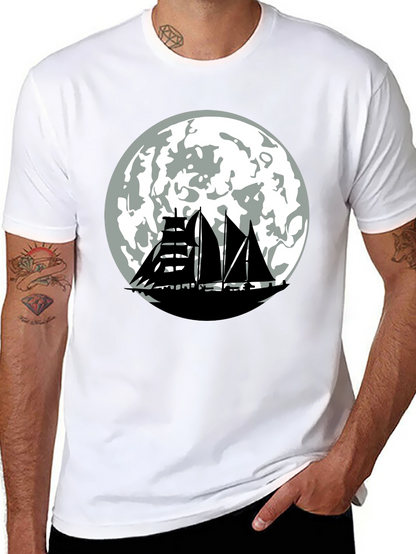 Sailboat Moon Graphic Tee - Black Cotton Shirt