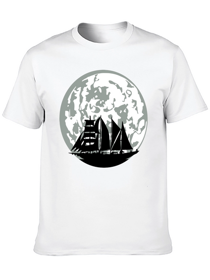Sailboat Moon Graphic Tee - Black Cotton Shirt