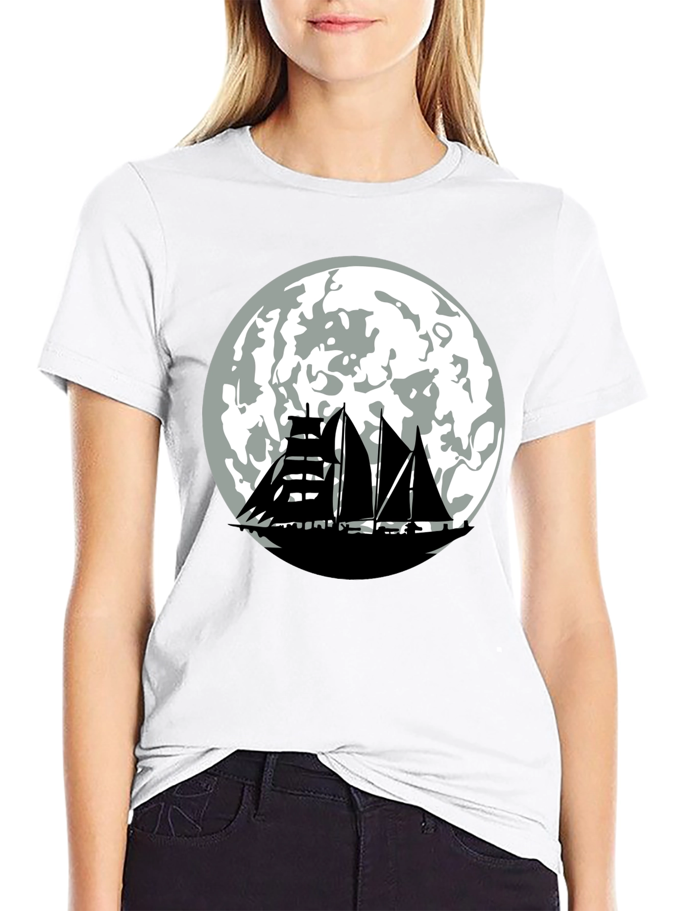 Sailboat Moon Graphic Tee - Black Cotton Shirt