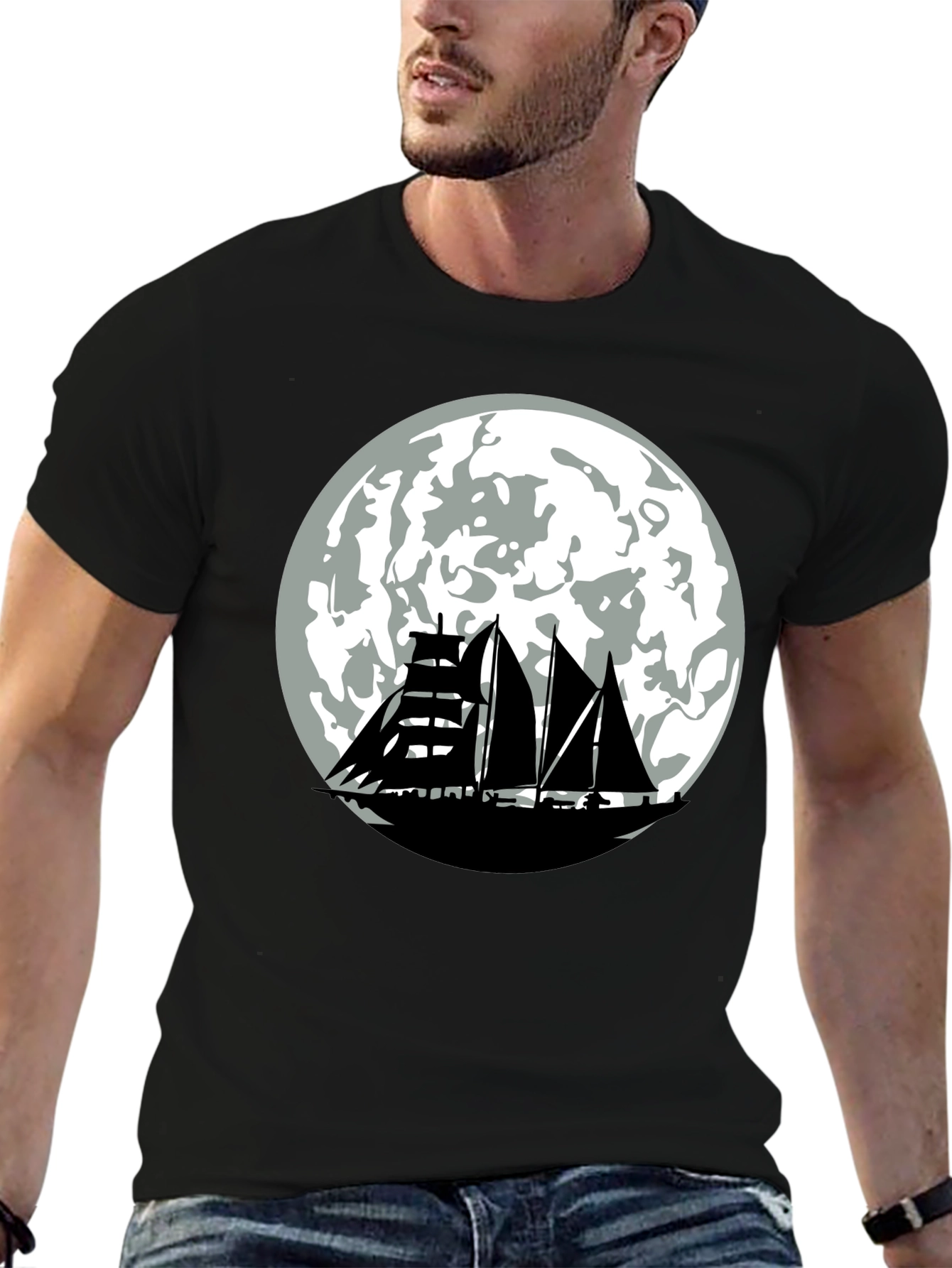 Sailboat Moon Graphic Tee - Black Cotton Shirt