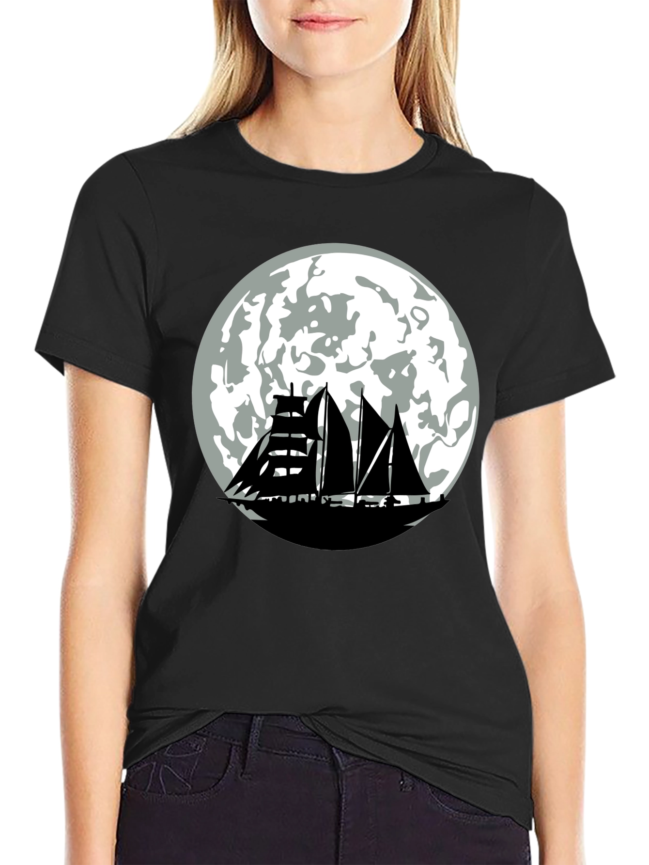 Sailboat Moon Graphic Tee - Black Cotton Shirt