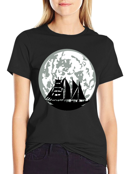 Sailboat Moon Graphic Tee - Black Cotton Shirt